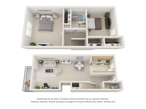 A 3D floor plan of a house with two bedrooms, a living room, a kitchen, and a bathroom.